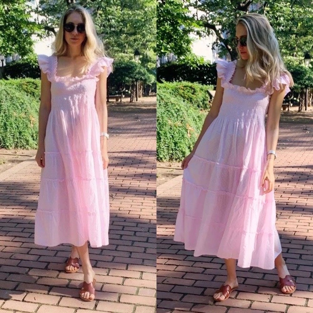 Hill House Dress Ellie Nap A-Line Smocked Tiered Midi Pink Swiss Dot S GUC RARE